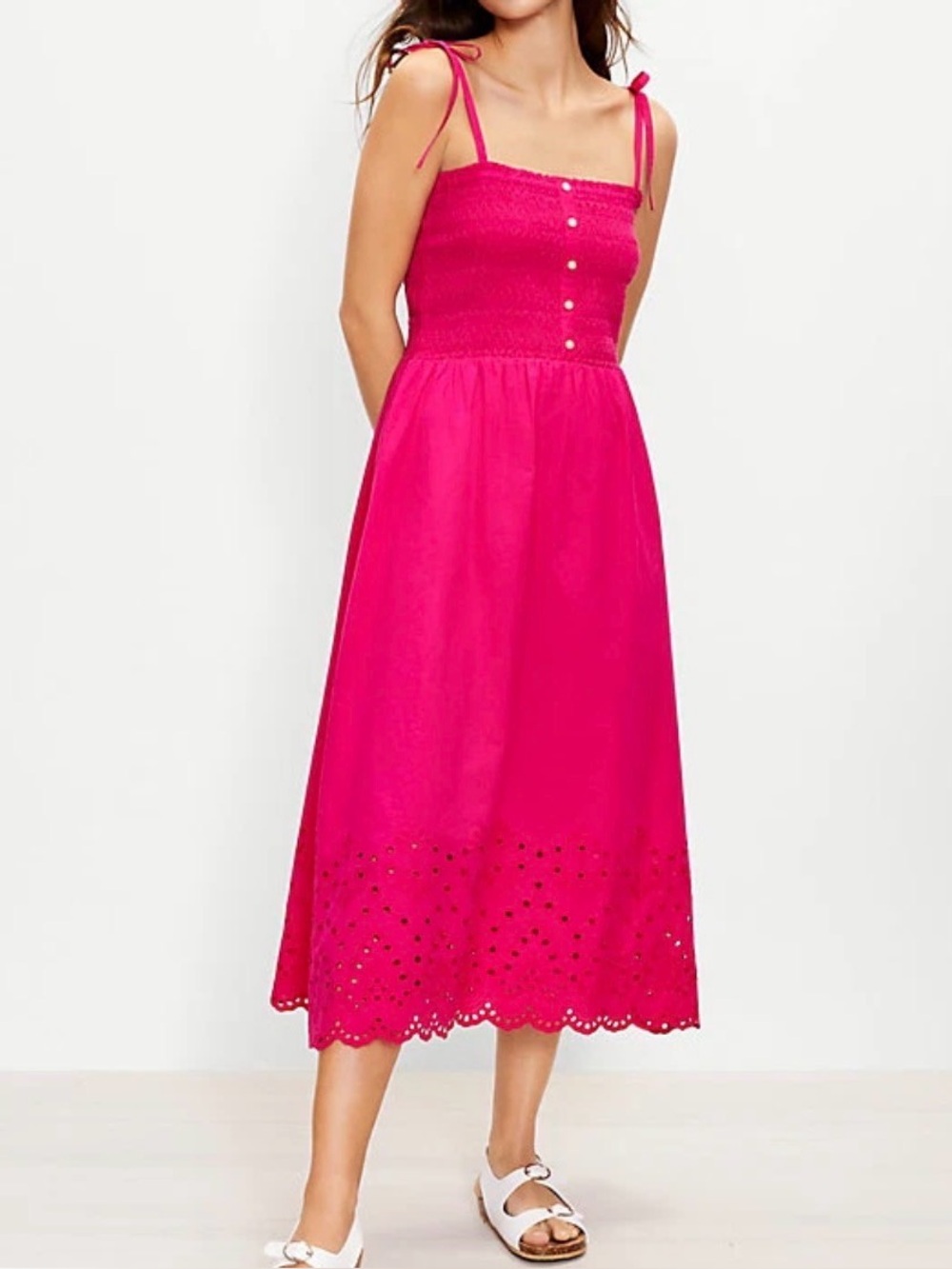 LOFT Pink Smocked Eyelet Midi Dress Women’s Size XL Feminine Preppy Summer dress